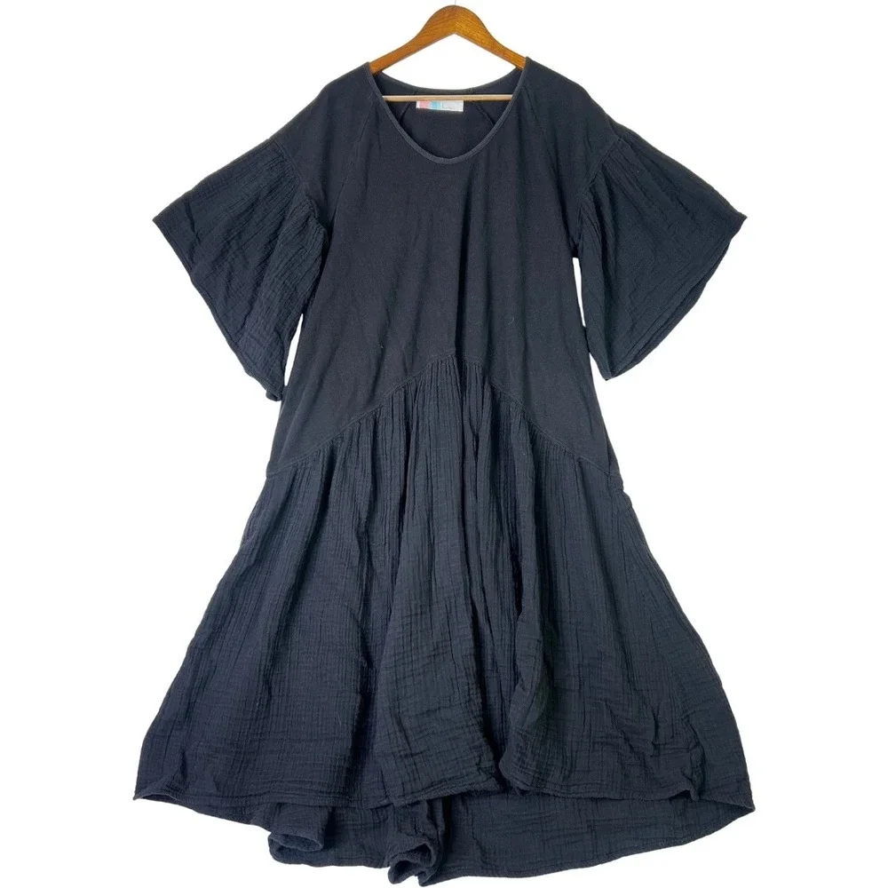 Free People Beach Black Cotton Gauze Bell Sleeve Tiered Babydoll Dress Small